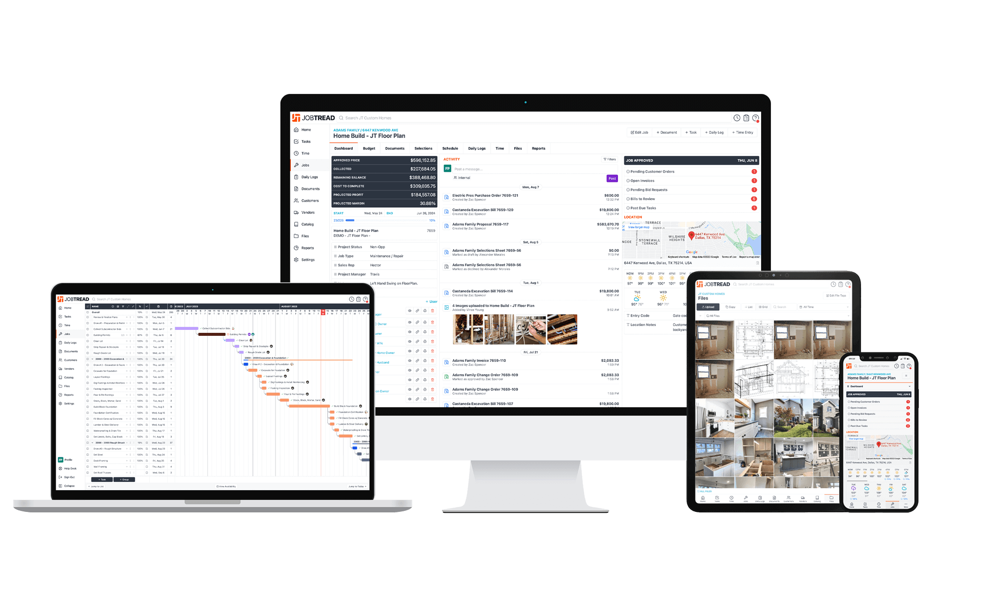 JobTread construction project management software screenshots on different devices