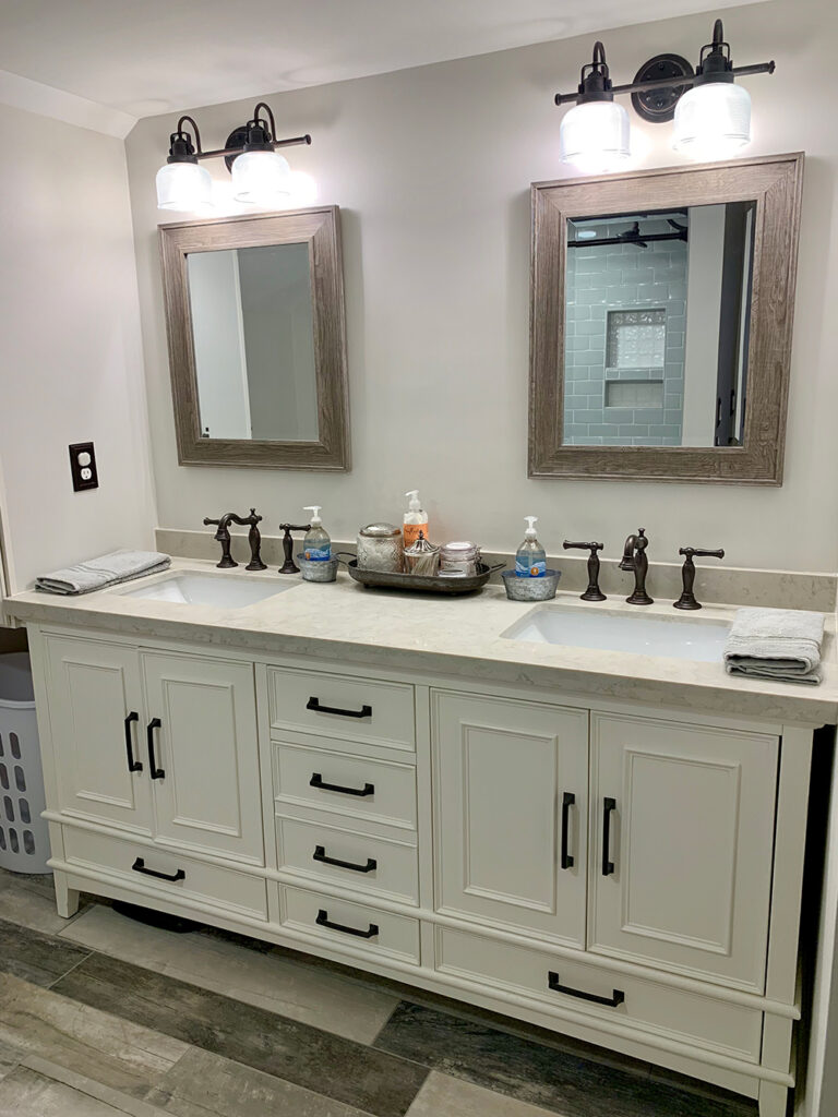 Interior shot of double sink vanity remodeled bathroom bathroom